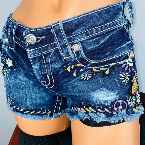 Miss Me 24 Signature Short Denim Hippie Peace Love Rhinestone Accented - Picture 3 of 10